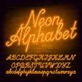 Neon script alphabet font. Yellow neon color lowercase and uppercase letters and numbers.