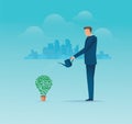 a businessman watering light bulb shape plant. vector illustration