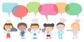 Characters Set Of Children Cooks. People Boy And Girl Chef With Speech Bubble, Talking With Speech Balloon Vector Illustration