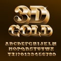 3D gold alphabet font. Bright golden letters and numbers with bevel. Royalty Free Stock Photo