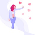 Young girl or woman makes selfie on a smartphone. Female cartoon characters with mobile phones.