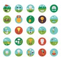 A pack of country sport club flat icons demonstrating golf course equipment and captivating visuals.