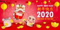 Happy Chinese new year 2020 of the rat zodiac poster design with rat, firecracker and lion dance rat with smile mask. Royalty Free Stock Photo