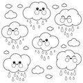 Cute raining cloud characters. Funny happy smiley clouds. Smiling clouds with raindrops. Vector black and white coloring page.