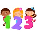 Children holding colorful numbers. Boys and girls students and numbers 123. Vector illustration