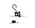 Cat behind wall and mice eating piece of cheese, funny illustration, vector, cartoon, children wall decals, kids wall artwork