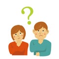 Thinking young couple illustration with question mark