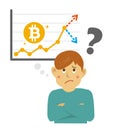 A man who wonders whether the value of bitcoin will rise or fall in the future / vector illustration Royalty Free Stock Photo