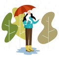 Vector flat style illustration - autumn girl with umbrella stands in the rain. Royalty Free Stock Photo
