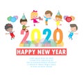 Happy New Year 2020 greeting card with group kids jumping, happy children with Happy new year, Colorful background Vector. Royalty Free Stock Photo