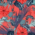 Exotic leaves, blue liana branches, hibiscus flower branch and many kinds of plants seamless pattern.