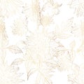 Dahlia floral golden line leaves and flowers seamless pattern, white background. Royalty Free Stock Photo