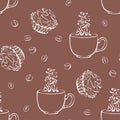 Cups with steaming coffee, muffins and coffee beans on a brown background. Seamless pattern. Royalty Free Stock Photo