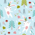 Print. Vector forest pattern with bunnies. White Rabbit. Blue background