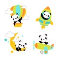 Print.Vector set of illustrations with cartoon panda. Panda travels