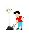 Print. boy plants a tree. Vector illustration. Royalty Free Stock Photo