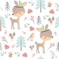Print. Vector forest pattern with baby deers. Forest animals. Cartoon baby deer. Royalty Free Stock Photo