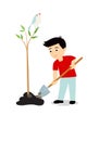 Print. boy plants a tree. Vector illustration. Royalty Free Stock Photo