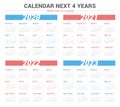 Simple calendar for 4 years 2020 2021 2022 2023. Week start on Sunday.