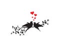 Flying Birds on Branch Vector, Wall Decals, Birds Couple in Love, Birds Silhouette on branch and Hearts Illustrations isolated