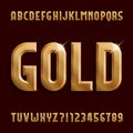 Gold alphabet font. Beveled golden letters, numbers and symbols.