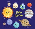 Solar system vector set. Cute planets icons isolated on blue. Royalty Free Stock Photo