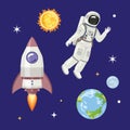 Set of cosmic illustrations. Astronaut, rocket, earth, sun, moon, stars. Vector illustration of cosmonaut and spaceship