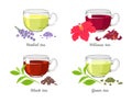 Set of different tea in glass cups isolated on white background. Herbal, Hibiscus, Green and Black tea.