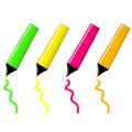 Neon text marker icon set green, yellow, pink, orange. Highlighter flat icons with drawn spot. Royalty Free Stock Photo