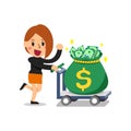 Cartoon vector businesswoman pushing big money bag