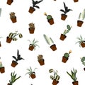 Different green plants in pots seamles pattern for inside and outside. Royalty Free Stock Photo