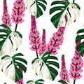 Exotic monstera leaves and pink lupines flower branch seamless pattern.