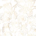 Roses floral golden line leaves and flowers seamless pattern, white background. Royalty Free Stock Photo
