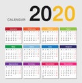 Colorful Year 2020 calendar horizontal vector design template, simple and clean design. Calendar for 2020 on White Background Royalty Free Stock Photo