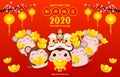 Happy Chinese new year greeting card. group of Little rat holding Chinese gold, Happy new year 2020 year of the rat zodiac