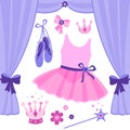 Ballet stage. Ballet dance classical ballerina performance theater stage. Vector illustration set