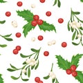 Christmas seamless pattern. Red holly berries, green leaves and Mistletoe branches isolated on white background. New Year`s decora Royalty Free Stock Photo