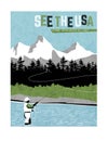 Retro style travel poster design for the United States.  Man fly fishing in stream with mountain backdrop. Royalty Free Stock Photo