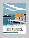 Retro style travel poster design for the United States. Scenic image of boathouse on east coast.