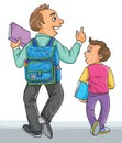 Back to school cartoon illustration. Father and son go to school first day!