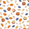 Muesli seamless pattern. Hazelnuts, raisins and oatmeal isolated on a white background. Vector illustration of a healthy meal Royalty Free Stock Photo