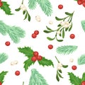 Mistletoe, holly berry and fir branches seamless pattern on a white background. Vector christmas illustration Royalty Free Stock Photo