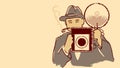 Retro photojournalist holding vintage camera newspaper reporter journalism photography hand drawn distresssed style illustration