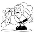 Santa Claus and a Christmas stocking. Funny humorous cartoon Santa Claus with dirty stocking. Vector black and white coloring page