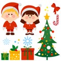Xmas Santa kids celebration set. Children in Christmas Santa Claus costumes, Christmas tree and gifts. Vector illustration Royalty Free Stock Photo