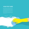 Vector of hand with yellow rubber glove holding blue sponge cleaning with white bubble detergent isolated on blue background with