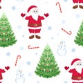 Christmas seamless pattern. Santa Claus, Christmas trees, snowflakes and snowmen isolated on white background.