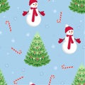 New Year seamless pattern. Cute snowmen, beautiful Christmas trees, Christmas candies and snowflakes on a blue background. Royalty Free Stock Photo