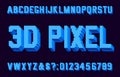 3D Pixel alphabet font. Digital 3d effect letters and numbers.