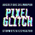 Pixel Glitch alphabet font. Digital distort letters and numbers.